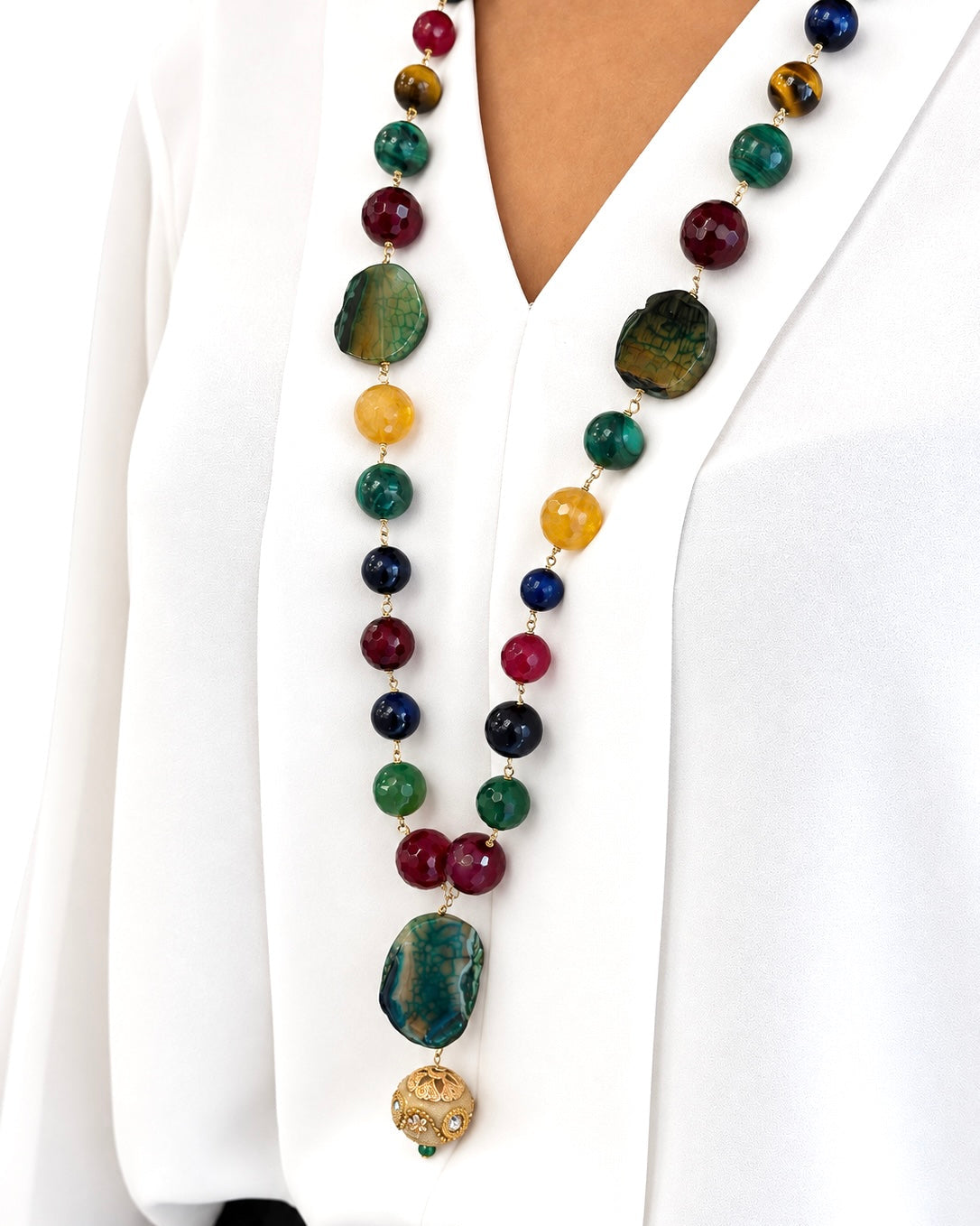 Collana realizzata a mano con Occhio di Tigre Blu/Marrone/ Verde, Agata Rossa/Verde e Citrino - PREZZO SU RICHIESTA