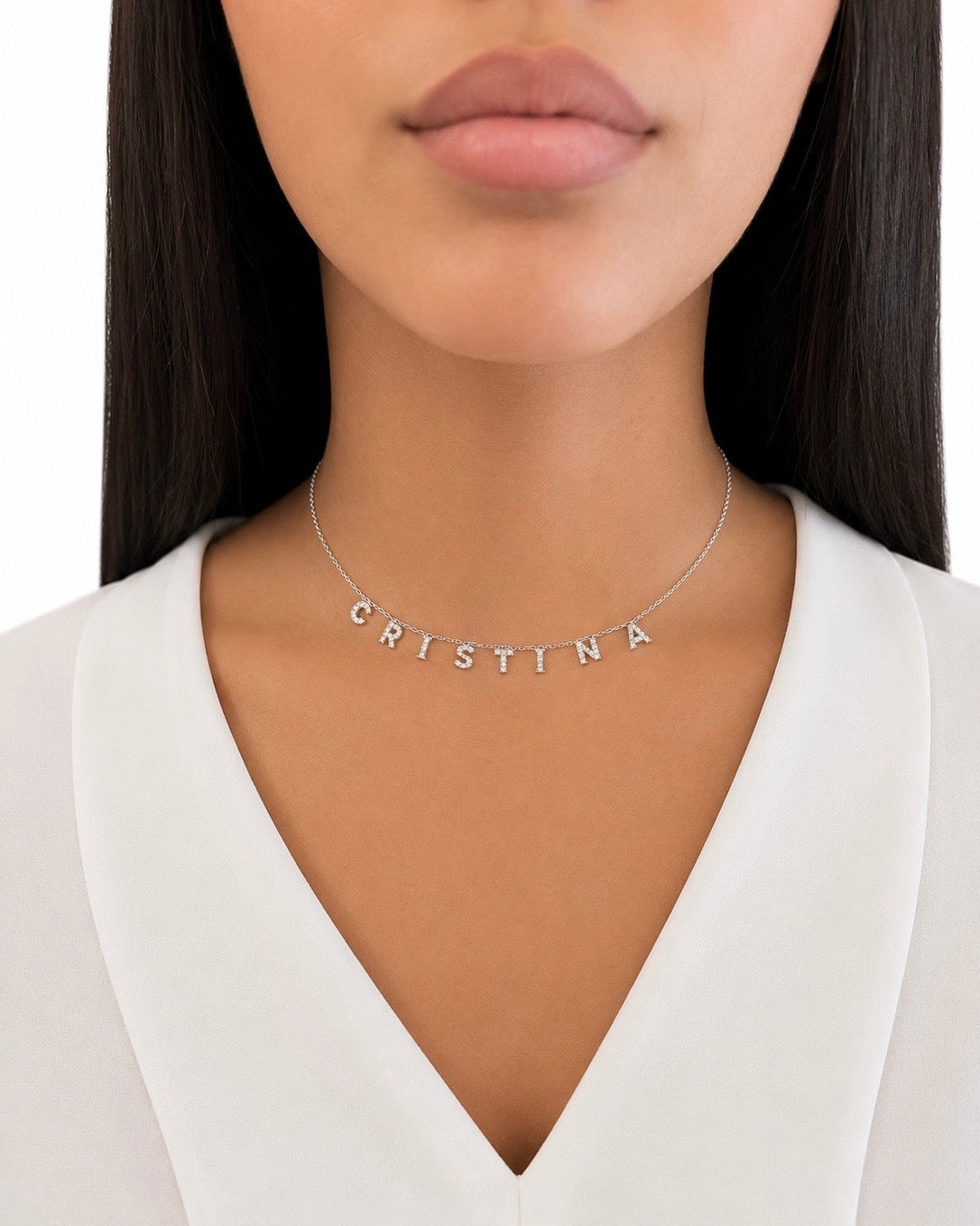 Girocollo personalizzato nome con zirconi in argento 925 rodio