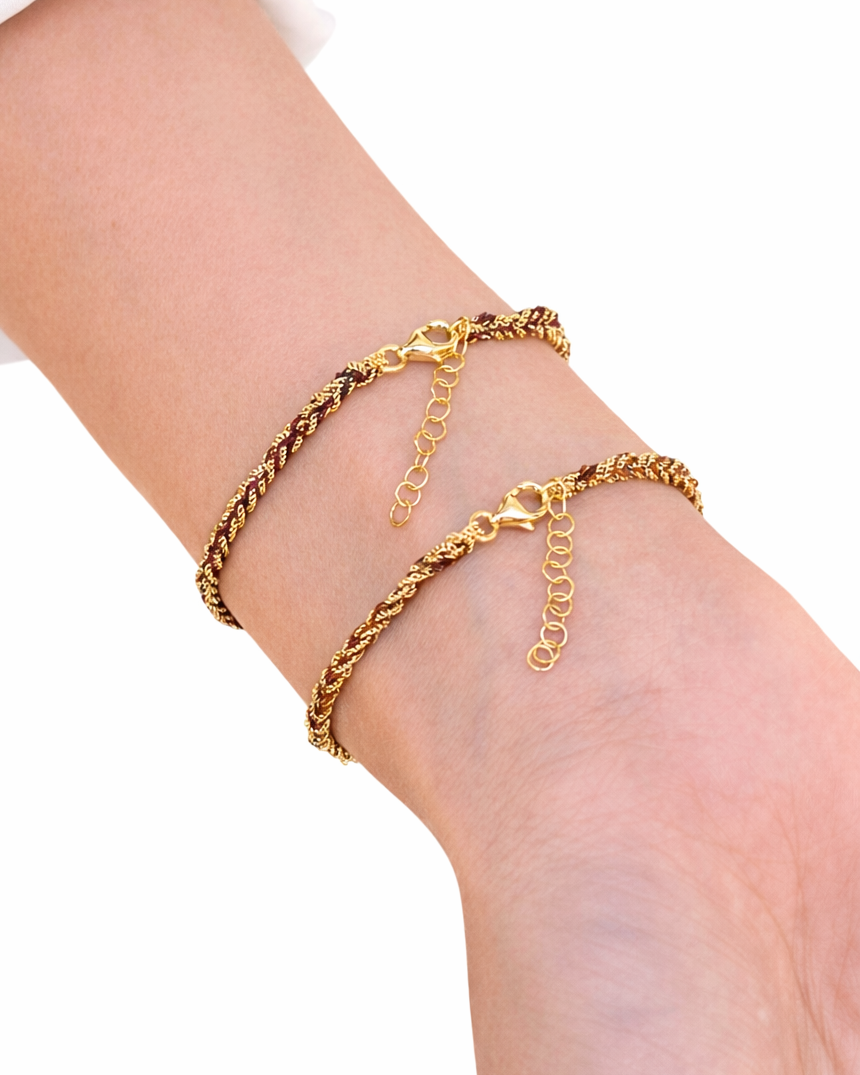 Bracciale morbido in Argento placcato oro giallo 18kt fatto a mano con seta Vinaccia e Marrone
