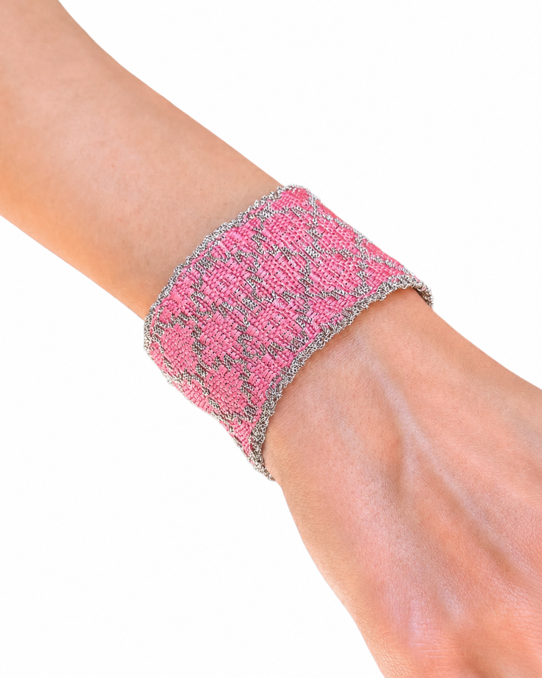 Bracciale fatto a mano in Argento Rodio e seta Rosa
