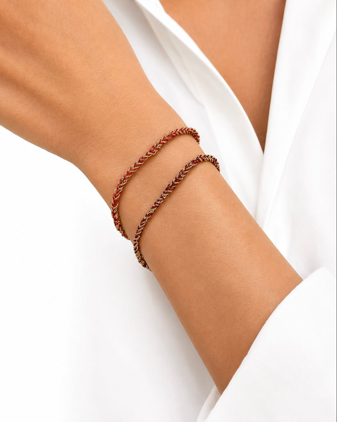 Bracciale morbido in Argento placcato oro giallo 18kt fatto a mano con seta Rossa e Bordeaux