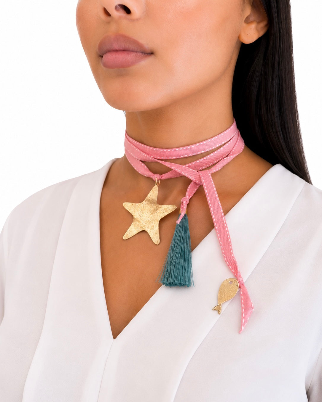 Collana con Nastrino Rosa e Pendente Stella