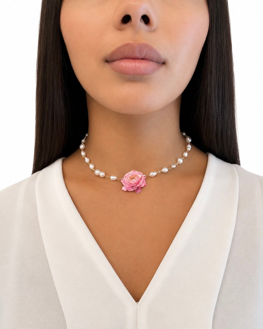 Girocollo con Perle e Peonia Rosa