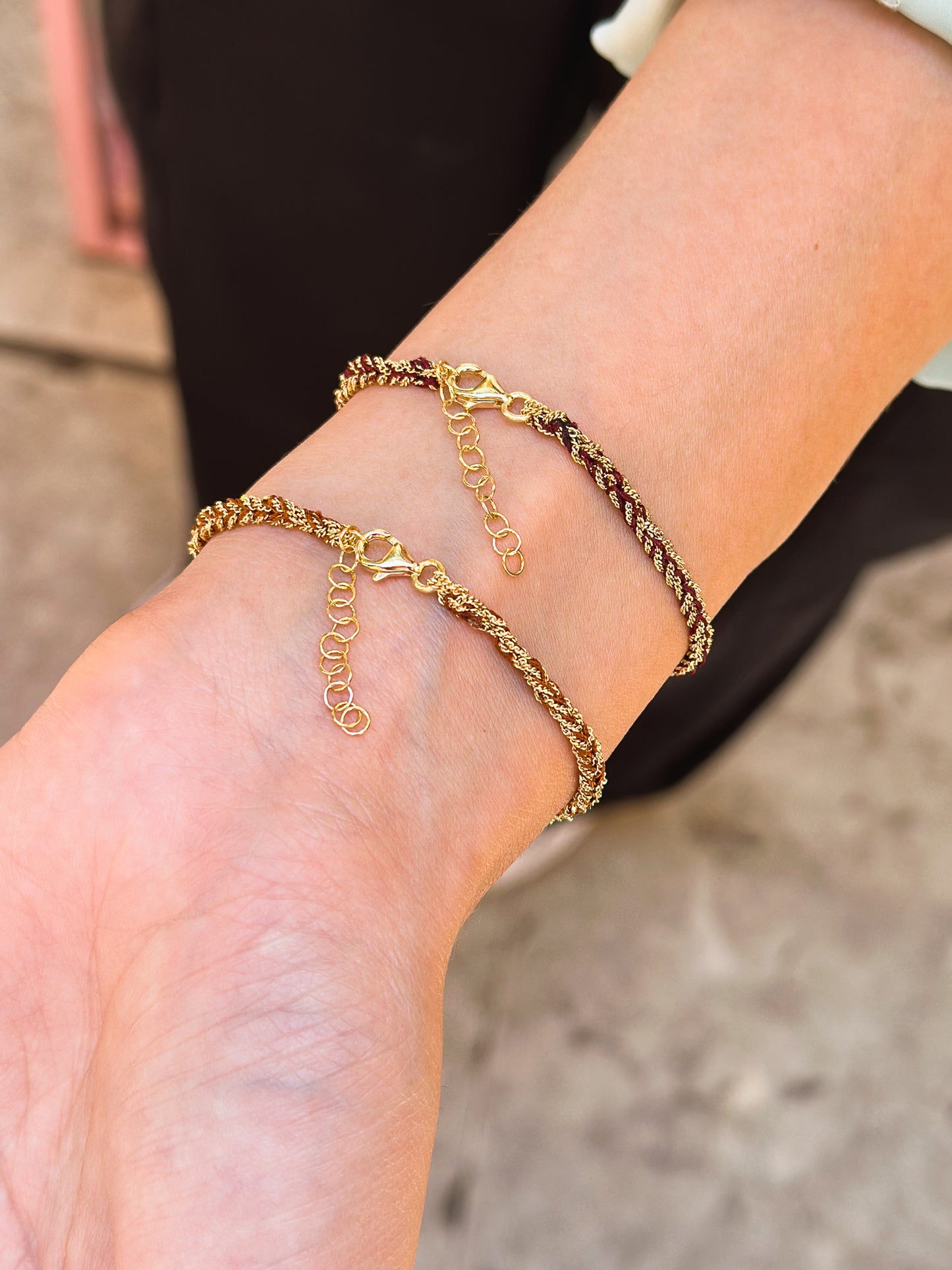 Bracciale in Argento placcato oro giallo 18kt fatto a mano con seta Vinaccia e Marrone