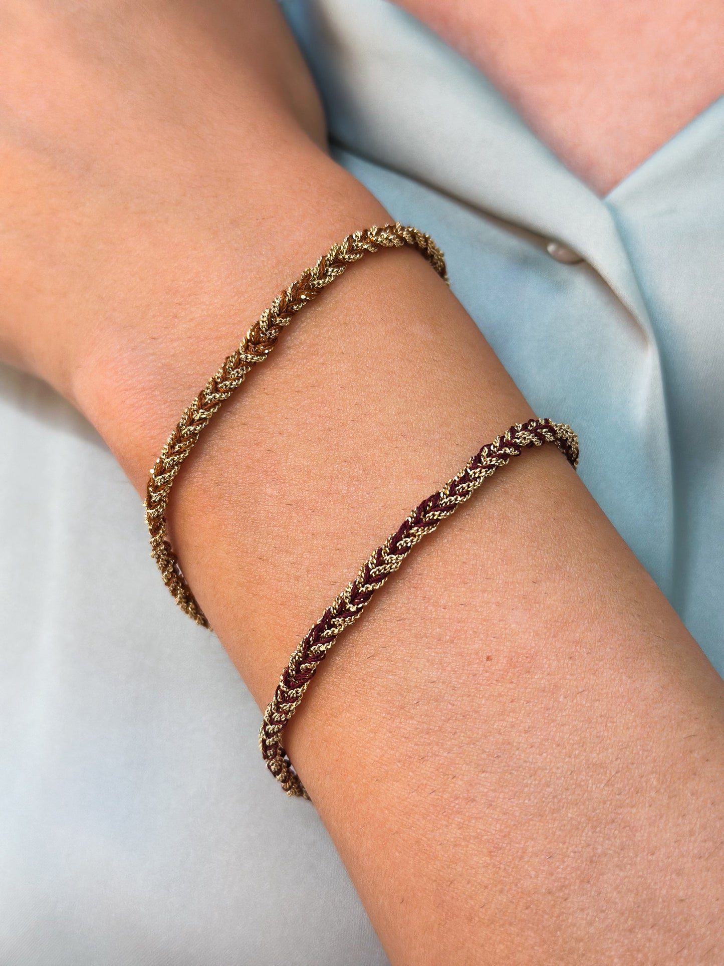 Bracciale in Argento placcato oro giallo 18kt fatto a mano con seta Vinaccia e Marrone