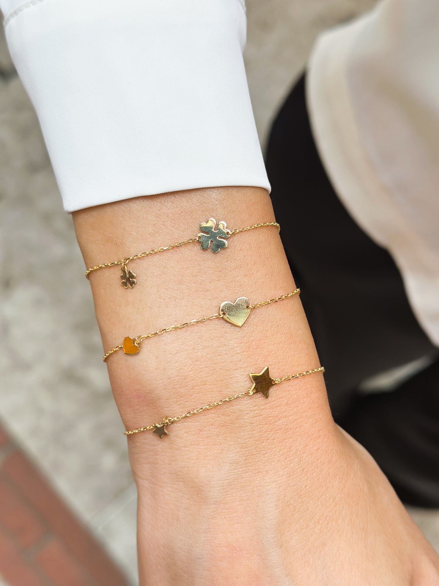 Bracciale in Oro 9kt con charms Stella, Cuore e Quadrifoglio