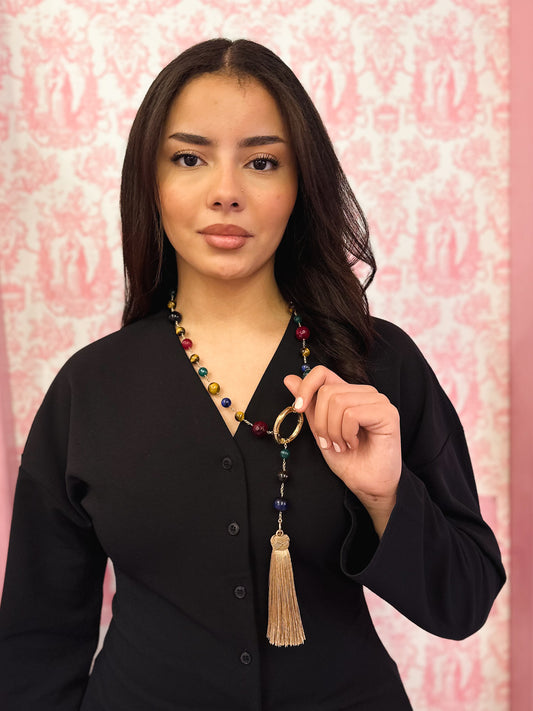 Collana con Agata colorata, nappa e anello Bamboo