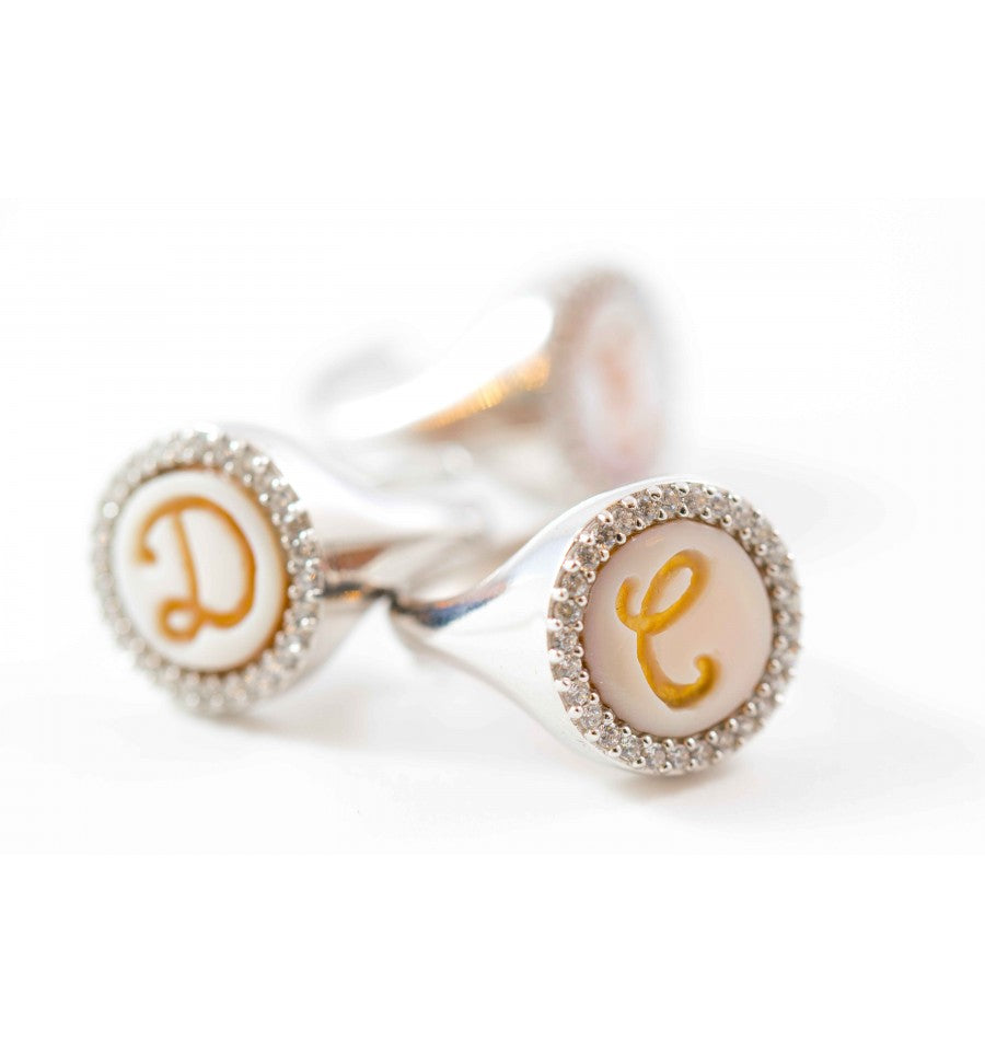 Anello in Argento Zirconi e Cammeo Personalizzato con incisione