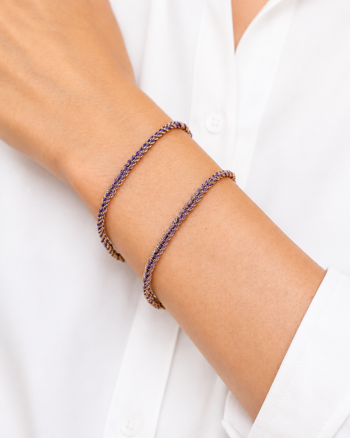Bracciale morbido in Argento placcato oro giallo 18kt fatto a mano con seta Viola e Lilla