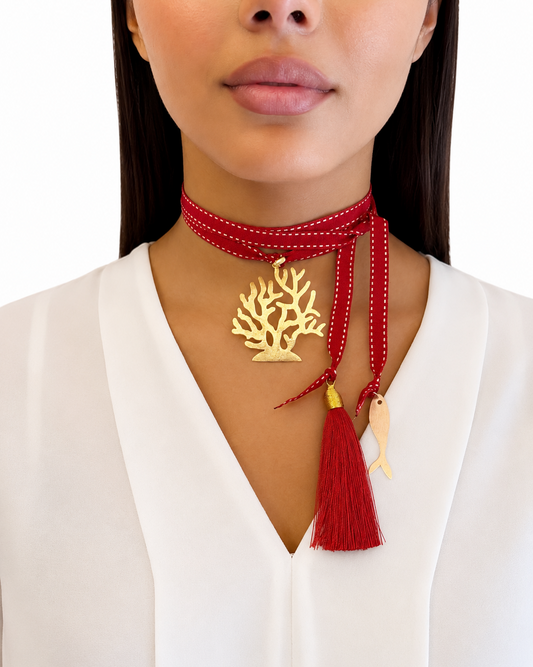 Collana con Nastrino Bordeaux e Pendente Corallo