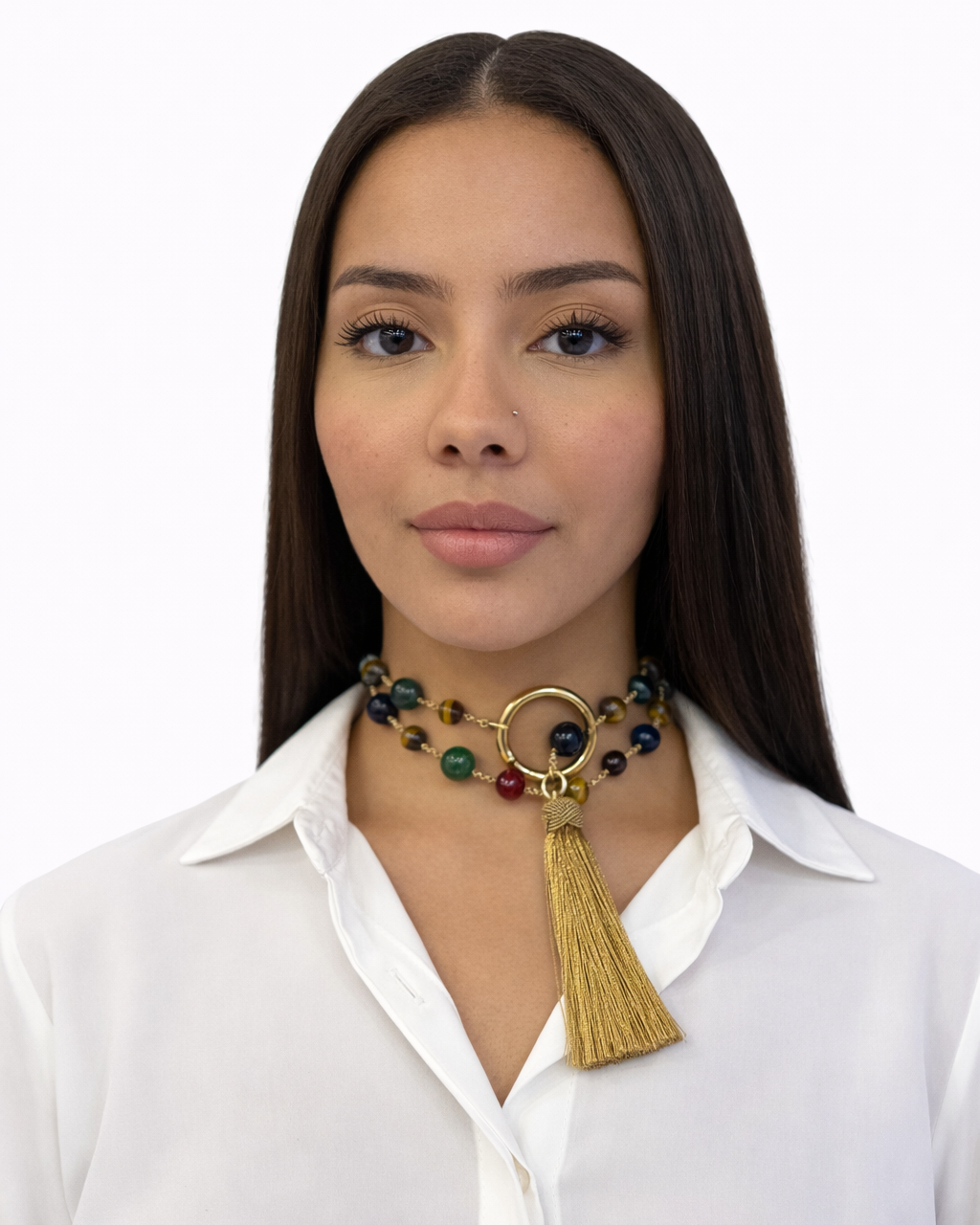Collana con Agata colorata, nappa e anello Bamboo