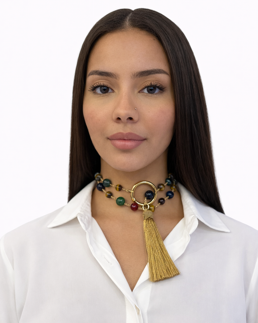 Collana con Agata colorata, nappa e anello Bamboo