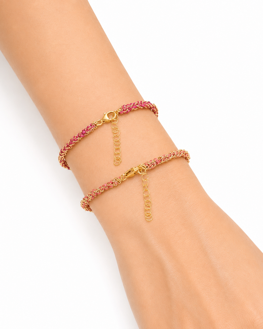 Bracciale morbido in Argento placcato oro giallo 18kt fatto a mano con seta Rosa