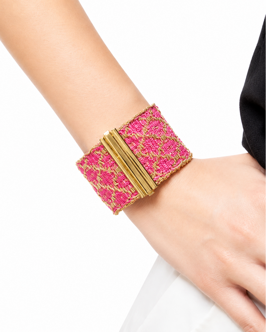 Bracciale fatto a mano in Argento placcato oro giallo 18kt con seta Fucsia