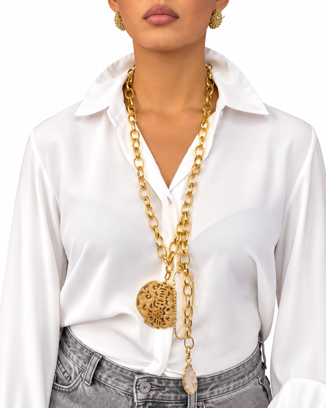 Collana realizzata a mano con Giada Beige, Piuma e Perla - PREZZO SU RICHIESTA