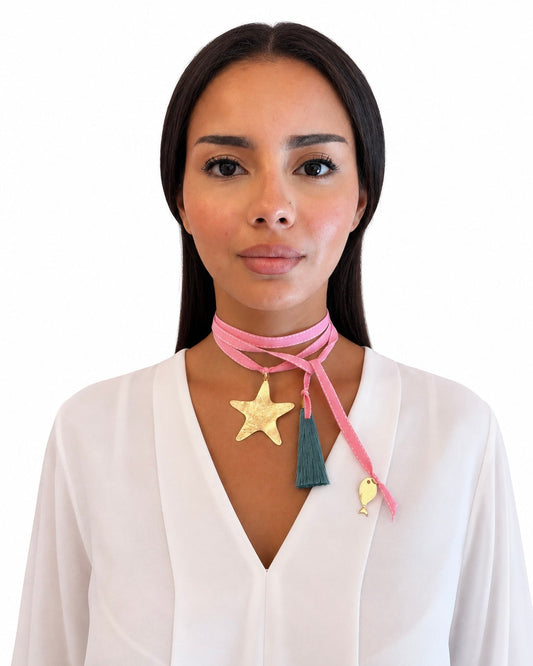 Collana con Nastrino Rosa e Pendente Stella