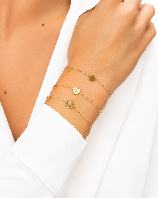 Bracciale in Oro 9kt con charms Stella, Cuore e Quadrifoglio