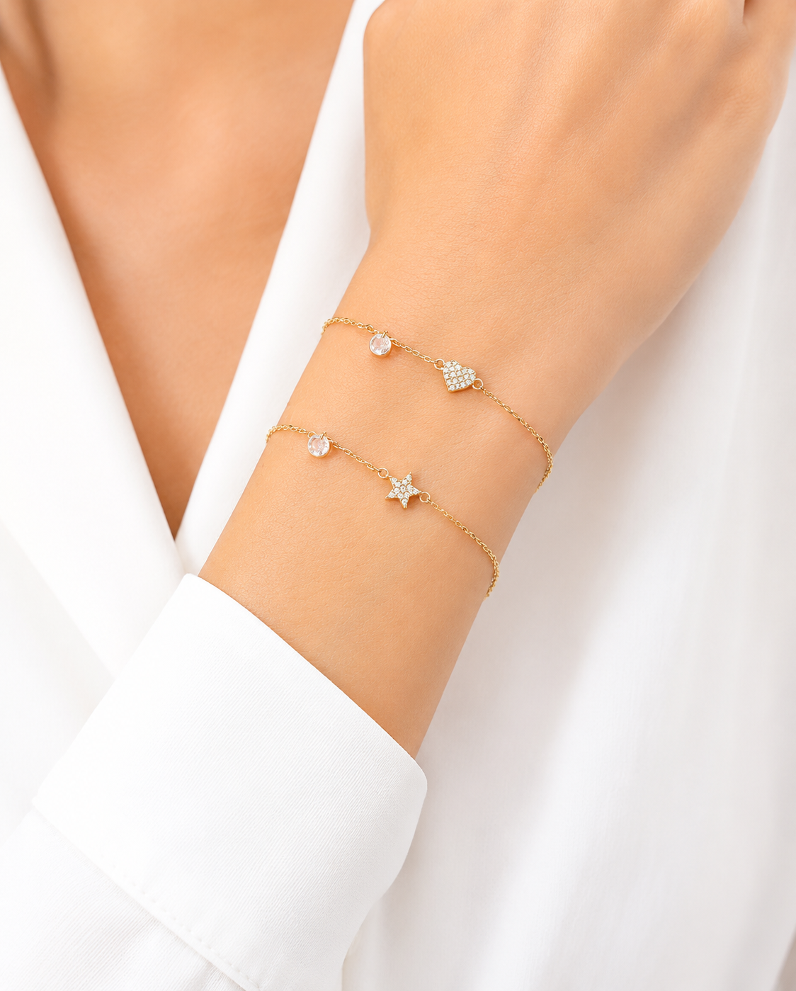 Bracciale in Oro 9kt con Zirconi e charms Stella e Cuore
