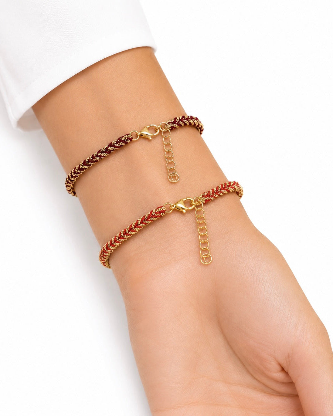 Bracciale morbido in Argento placcato oro giallo 18kt fatto a mano con seta Rossa e Bordeaux