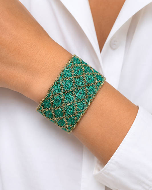 Bracciale fatto a mano in Argento placcato oro giallo 18kt con seta Verde
