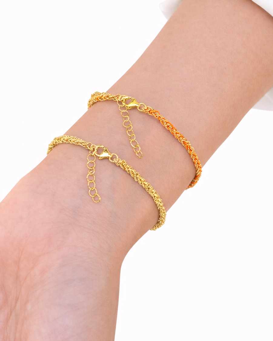 Bracciale morbido in Argento placcato oro giallo 18kt fatto a mano con seta Arancione e Gialla