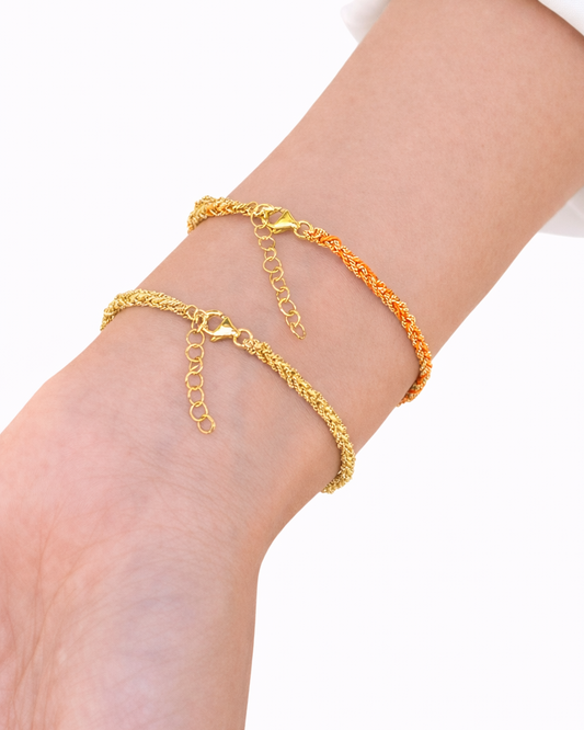 Bracciale morbido in Argento placcato oro giallo 18kt fatto a mano con seta Arancione e Gialla