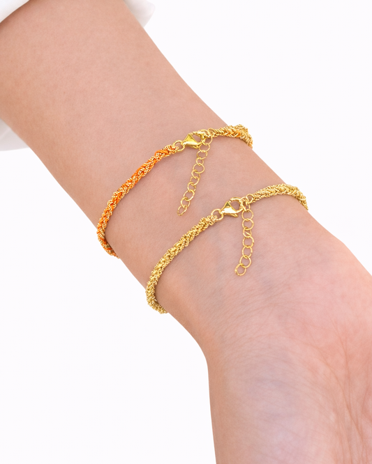 Bracciale morbido in Argento placcato oro giallo 18kt fatto a mano con seta Arancione e Gialla