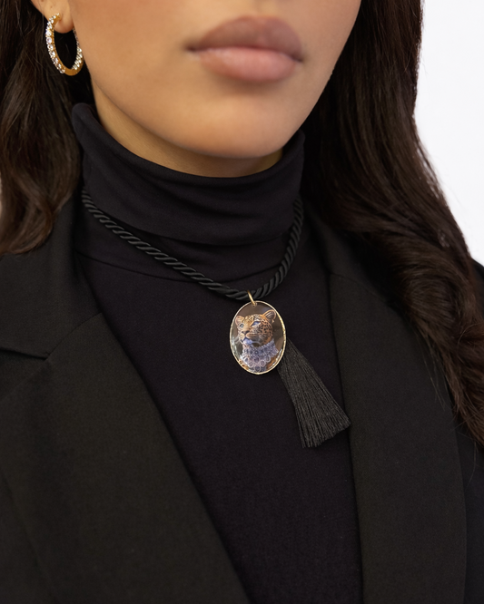 Girocollo con Torsone nero, nappa e pendente Ghepardo