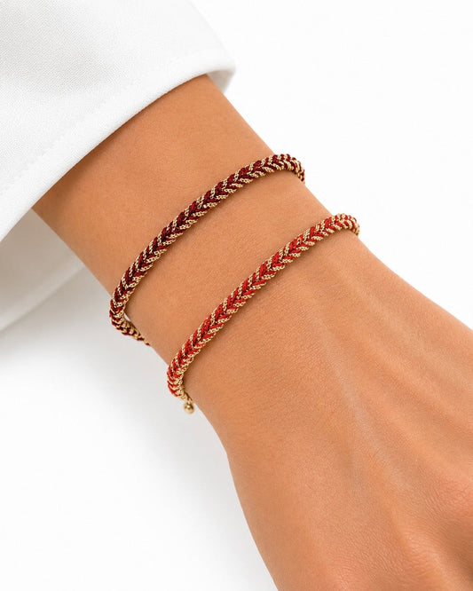 Bracciale morbido in Argento placcato oro giallo 18kt fatto a mano con seta Rossa e Bordeaux