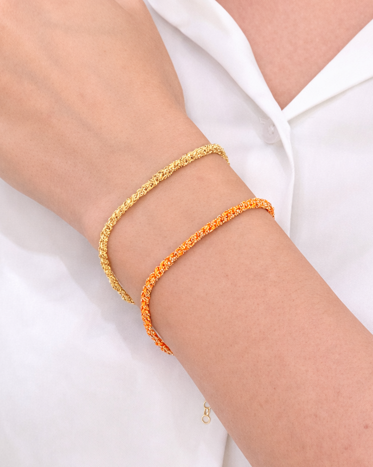 Bracciale morbido in Argento placcato oro giallo 18kt fatto a mano con seta Arancione e Gialla