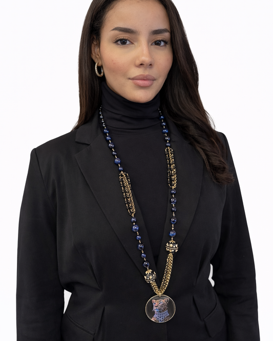 Collana con Occhio di Tigre Blu e pendente Ghepardo