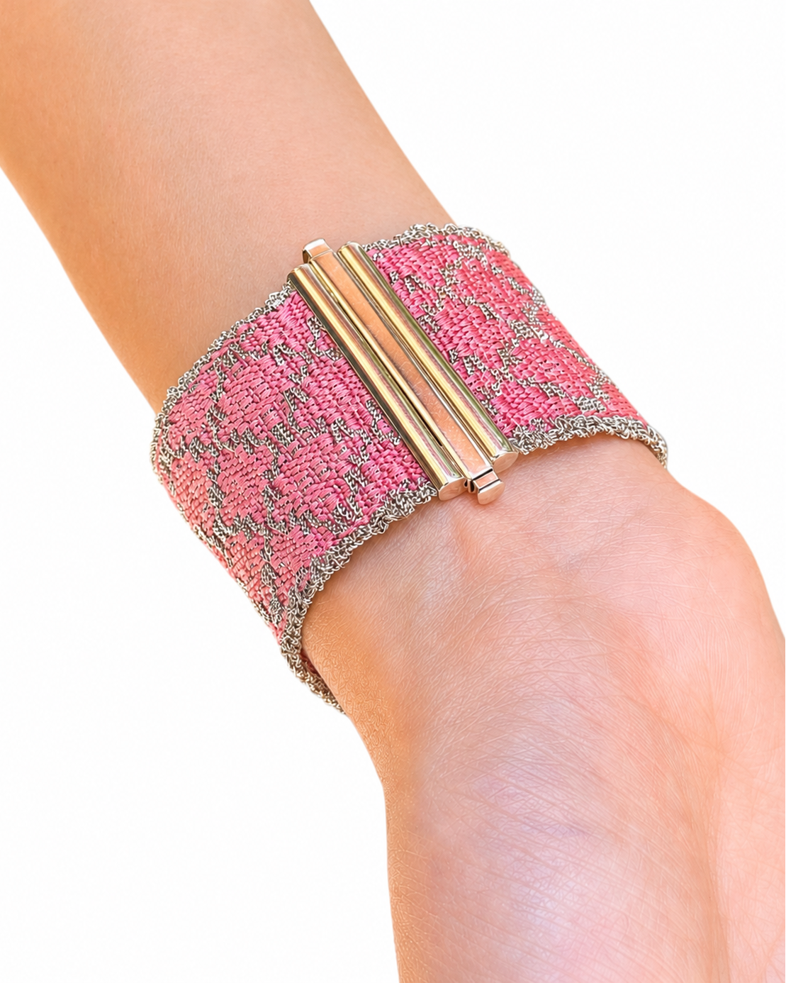 Bracciale fatto a mano in Argento Rodio e seta Rosa