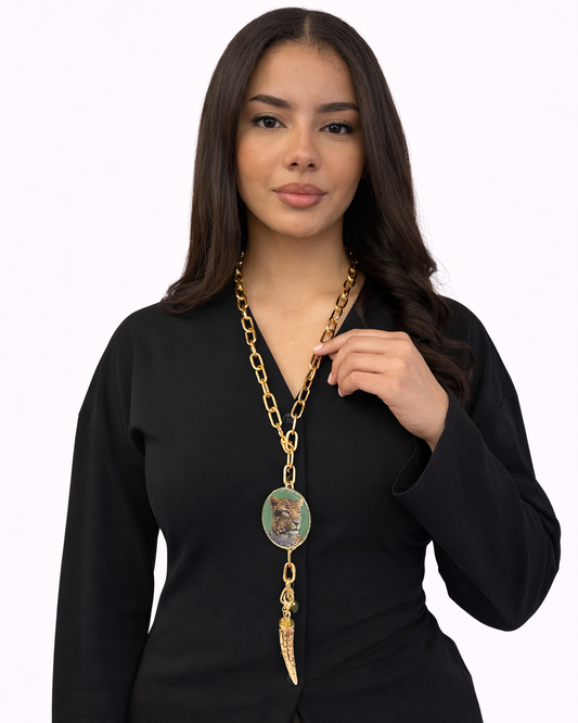 Collana in Acciaio con pendente Ghepardo e Corno