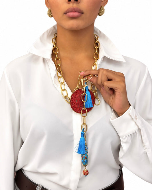 Collana realizzata a mano con Giada Rossa e Nappe Azzurre - PREZZO SU RICHIESTA