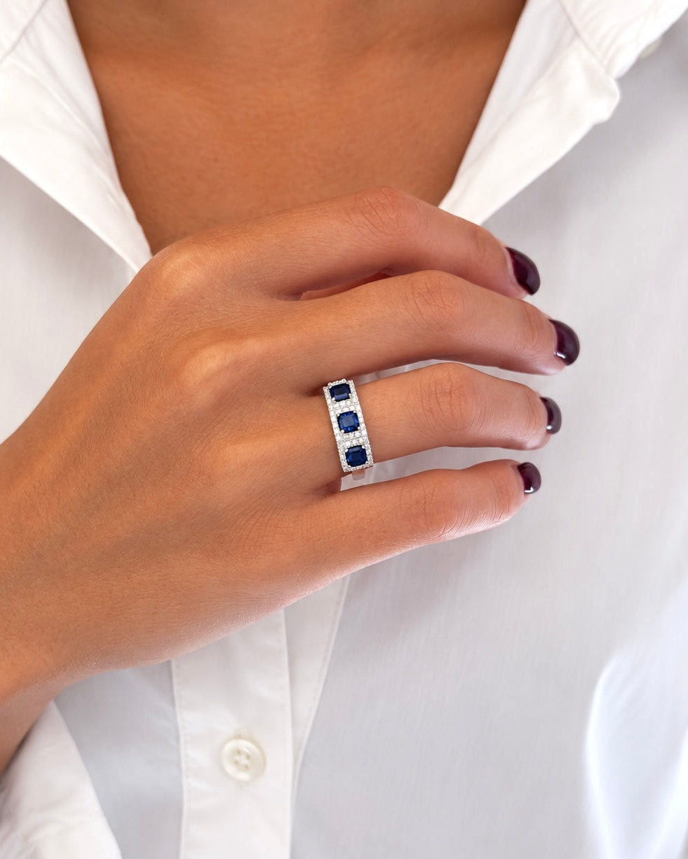 Anello in Argento 925, 3 Zaffiri e Diamanti Lab Grown