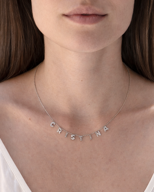 Girocollo personalizzato nome con zirconi in argento 925 rodio