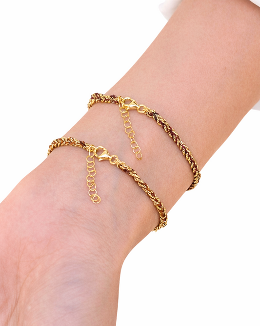 Bracciale morbido in Argento placcato oro giallo 18kt fatto a mano con seta Vinaccia e Marrone