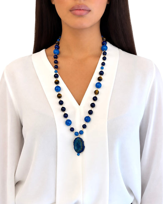 Collana realizzata a mano con Occhio di Tigre Blu/Marrone e Agata Blu - PREZZO SU RICHIESTA