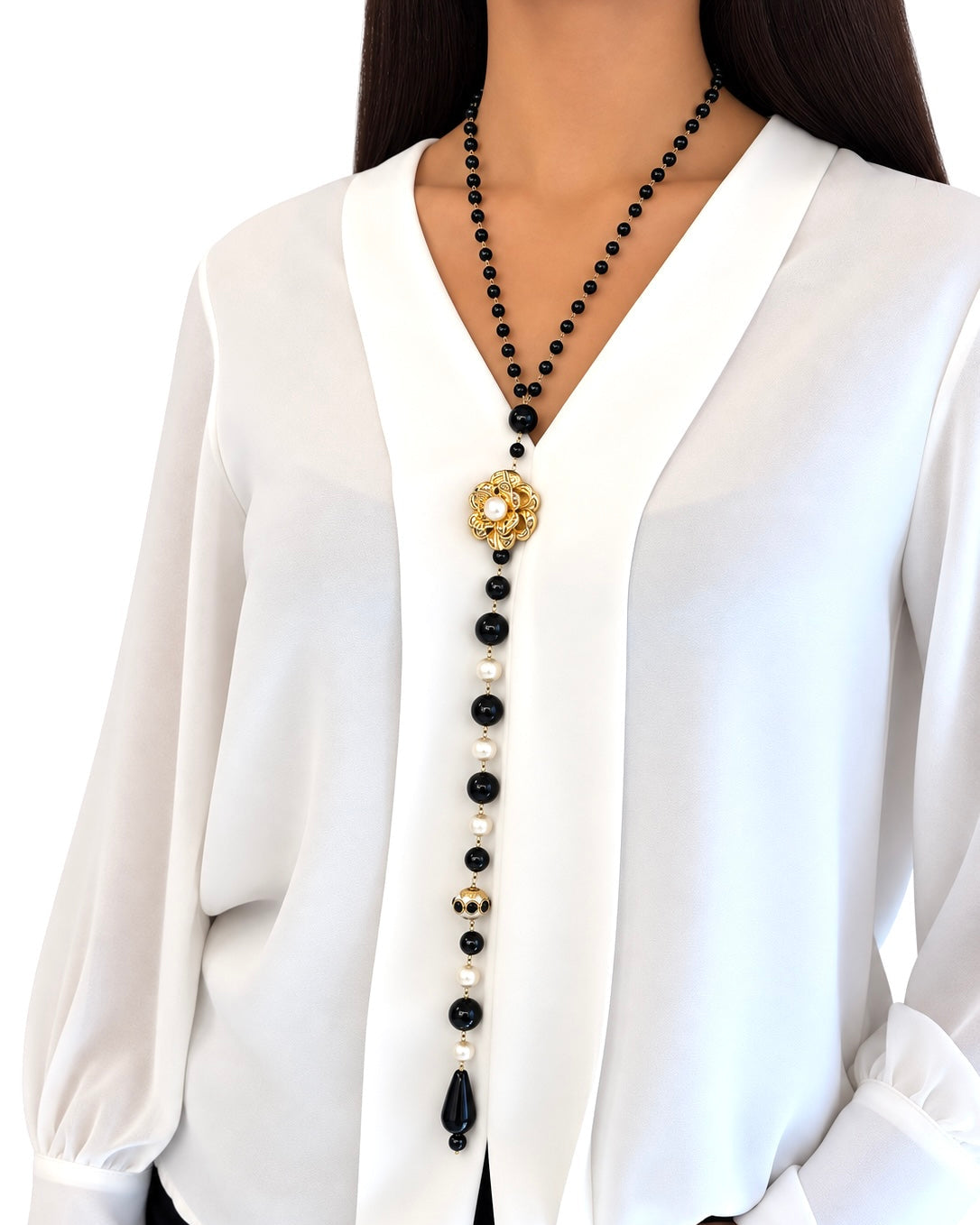 Collana realizzata a mano con Agata, Onice, Perle e Camelia - PREZZO SU RICHIESTA