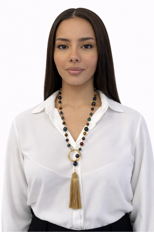 Collana con Agata colorata, nappa e anello Bamboo