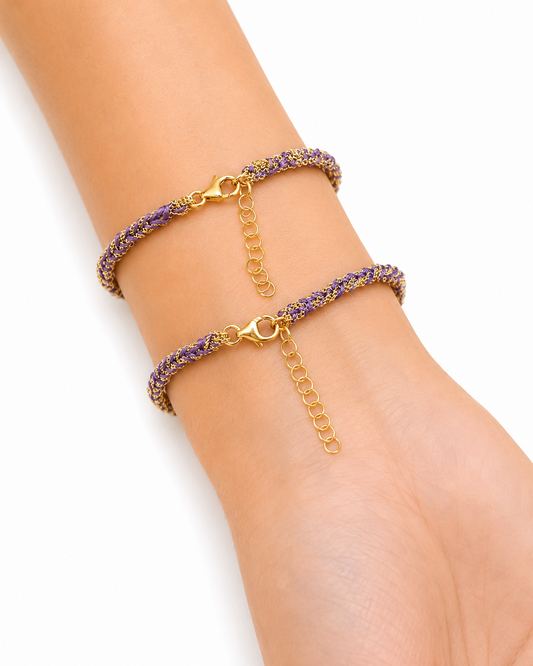 Bracciale morbido in Argento placcato oro giallo 18kt fatto a mano con seta Viola e Lilla