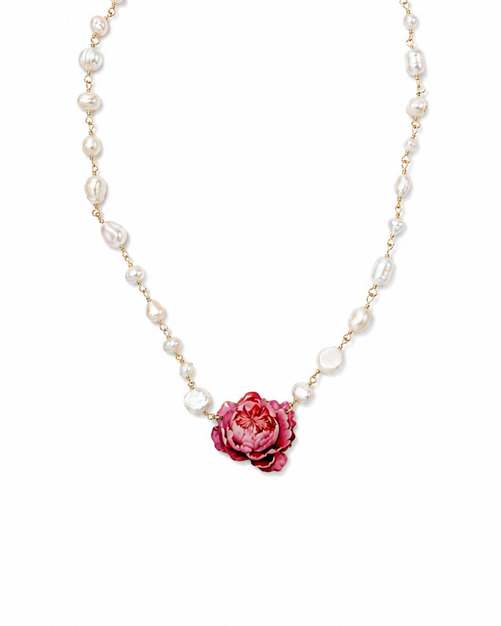 Girocollo con Perle e Peonia Fucsia