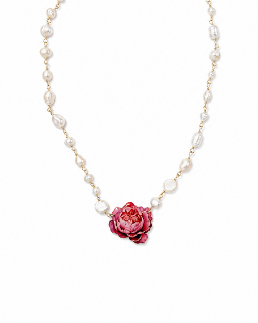 Girocollo con Perle e Peonia Fucsia