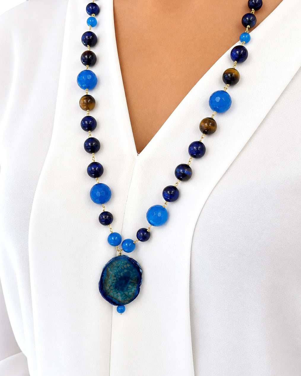 Collana realizzata a mano con Occhio di Tigre Blu/Marrone e Agata Blu - PREZZO SU RICHIESTA