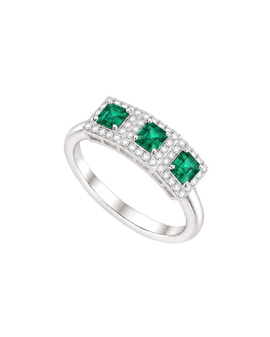 Anello in Argento 925, 3 Smeraldi e Diamanti Lab Grown