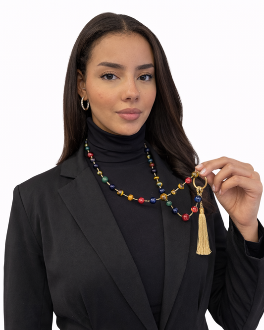 Collana con Agata colorata, nappa e anello Bamboo