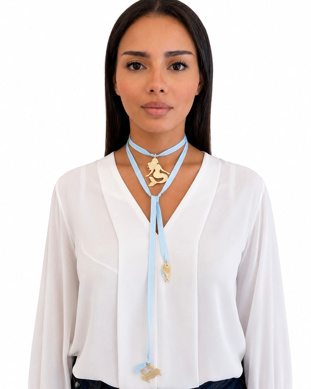 Collana con Nastrino Azzurro e Pendente Sirena