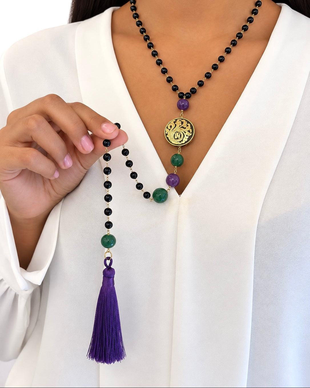 Collana realizzata a mano con Ametista, Agata Verde/Nera e Nappa - PREZZO SU RICHIESTA