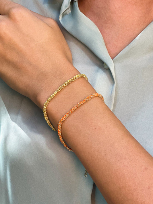 Bracciale in Argento placcato oro giallo 18kt fatto a mano con seta Arancione e Gialla