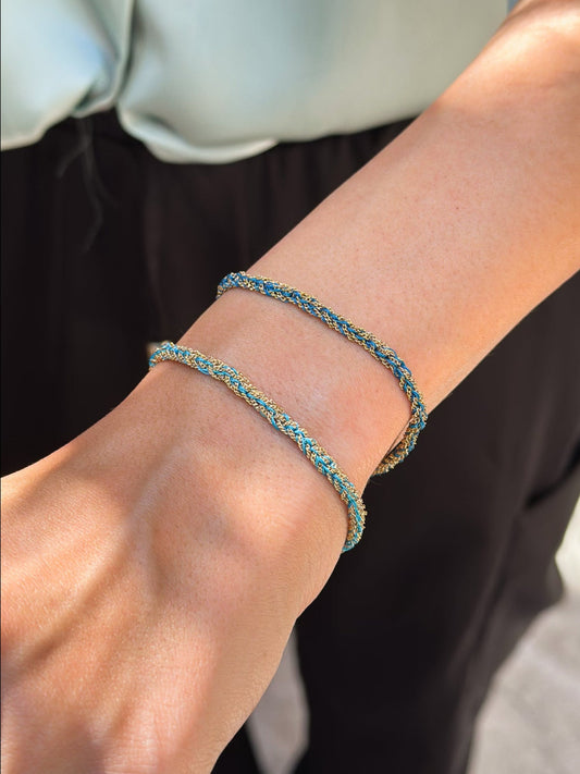 Bracciale in Argento placcato oro giallo 18kt fatto a mano con seta Azzurra